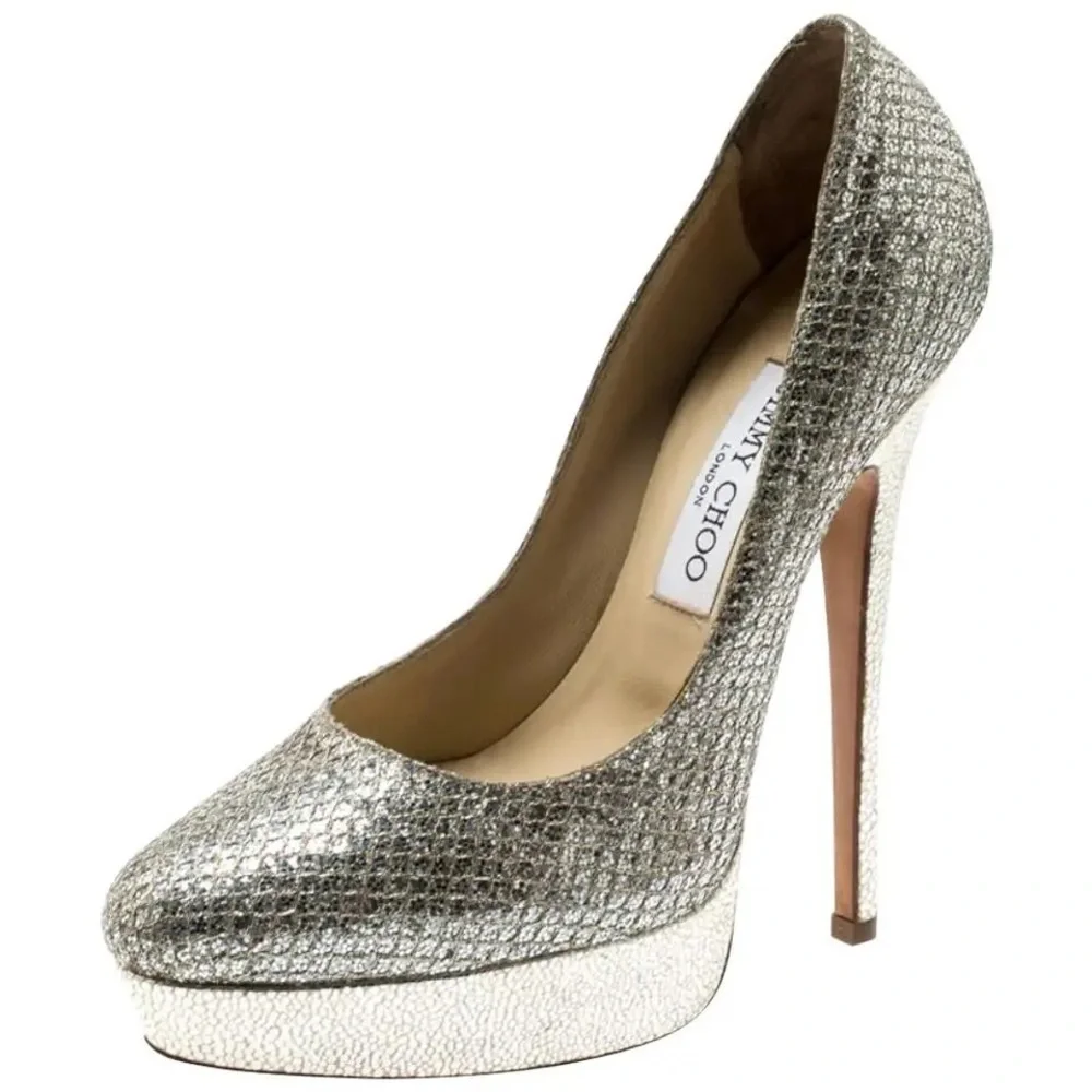 Jimmy Choo Silver Metallic Champagne Lamè Fabric Leather Alex Platform Pumps EUC